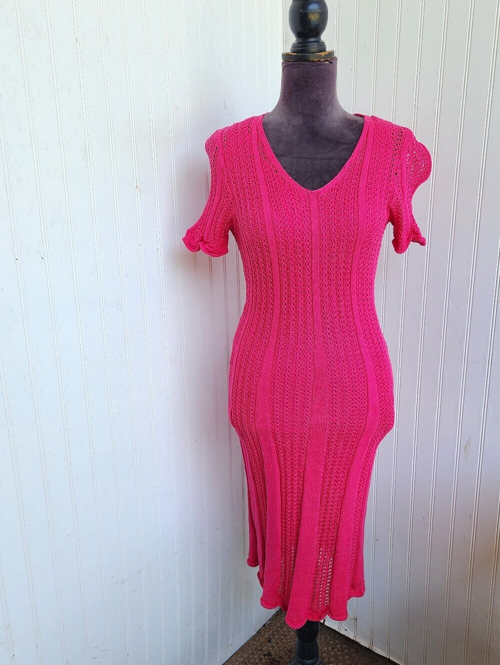 Etcetera Hot Pink Knit Cotton Sweater Dress V-Neck Crochet Short Sleeve Lined XS